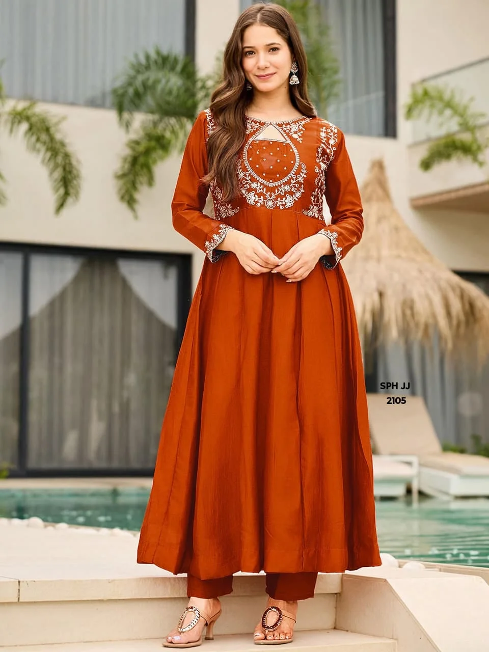 Rust Orange Embroidered Anarkali Kurti Set – Rust Orange & Silver
